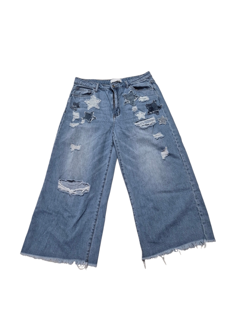 Vervet Distressed Light Blue Wide-Leg Star Patch Jeans